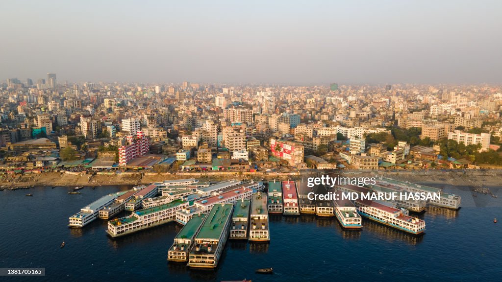 Aerial View of Sadarghat Launch Terminal Dhaka Bangladesh. Dhaka City Skyline