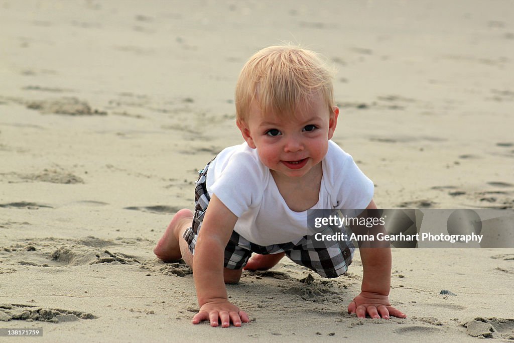 Toddler boy on beach