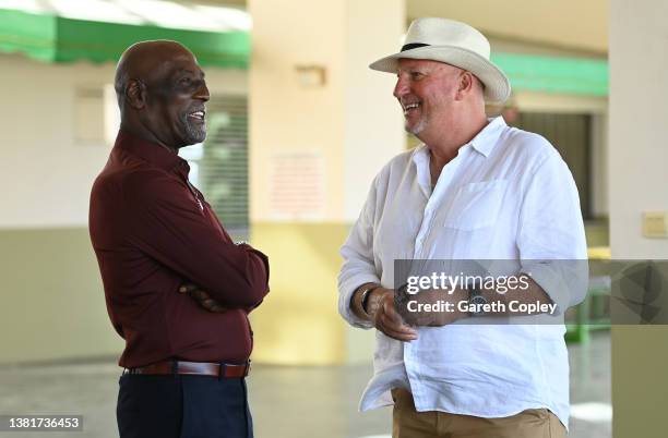 Former cricketers Sir Vivian Richards and Lord Ian Botham unveil the Botham Richard Test Series trophy at a media event at Sir Vivian Richards...