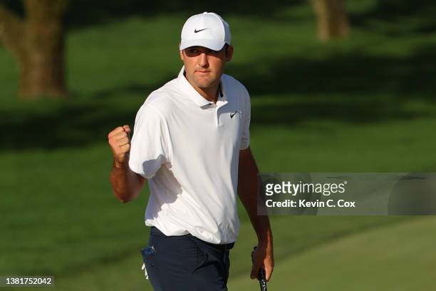 Scottie Scheffler of the United States celebrates a par putt on the 15th green during the final round of the Arnold Palmer Invitational presented by...