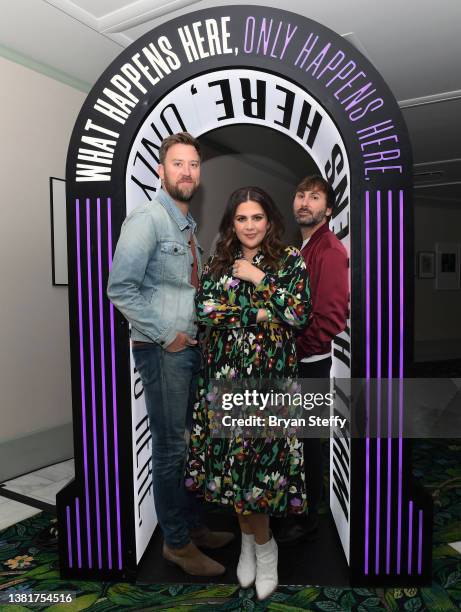 Charles Kelley, Hillary Scott and Dave Haywood of Lady A attend the 57th Academy of Country Music Awards Radio Row at Park MGM on March 06, 2022 in...