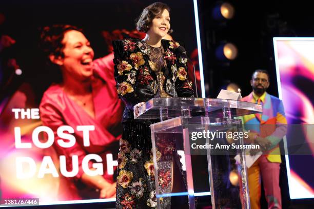 Maggie Gyllenhaal accepts the Best Screenplay award for ‘The Lost Daughter’ onstage during the 2022 Film Independent Spirit Awards on March 06, 2022...