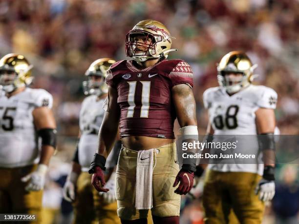 Defensive End Jermaine Johnson II of the Florida State Seminoles during the game against the Notre Dame Fighting Irish at Doak Campbell Stadium on...