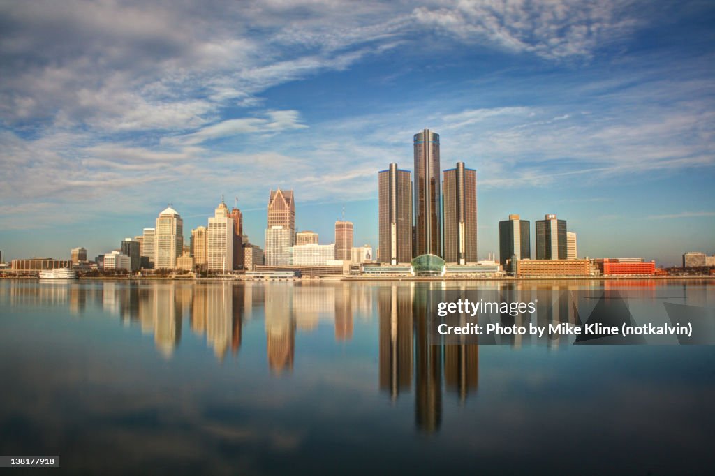 Detroit city reflection in river