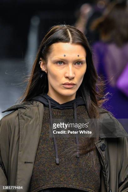 Bella Hadid walks the runway during the Givenchy Womenswear Fall/Winter 2022-2023 show as part of Paris Fashion Week on March 06, 2022 in Paris,...