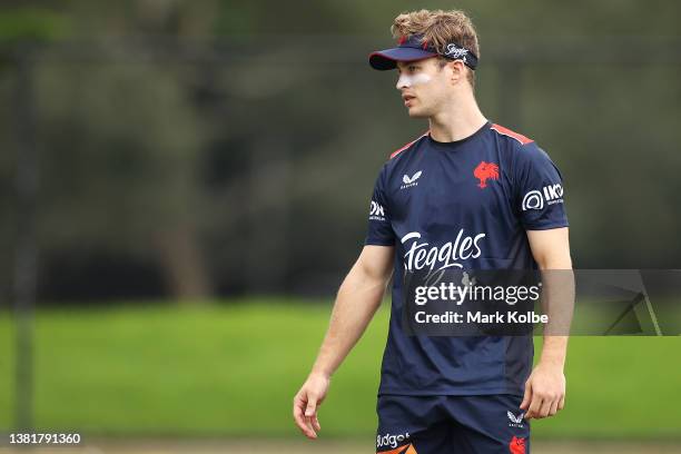 Sam Walker watches on during a Sydney Roosters NRL training session at Robertson Road Synthetic Field on March 07, 2022 in Sydney, Australia.