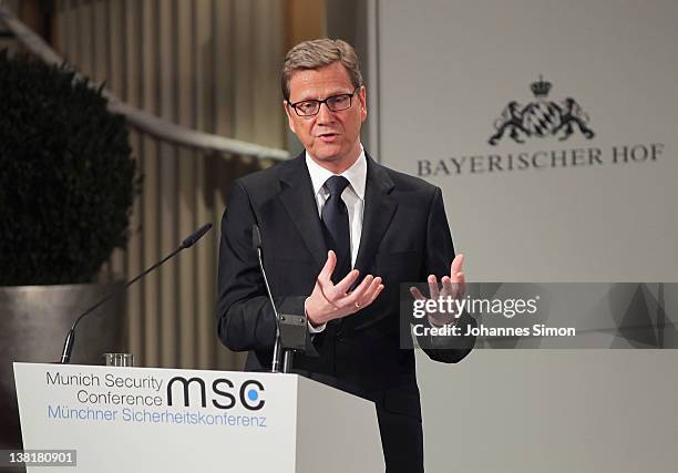 German Foreign Minister Guido Westerwelle delivers a speech during day 2 of the 48th Munich Security Conference at Hotel Bayerischer Hof on February...