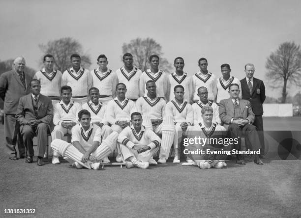 The West Indian cricket team during their tour of England, UK, 1963. From left to right, George Duckworth, Willie Rodriguez, Seymour Nurse, Joey...