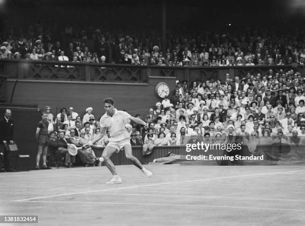 Spanish tennis player Manuel Santana during the Men's Singles at Wimbledon, London, UK, 1st July 1963.