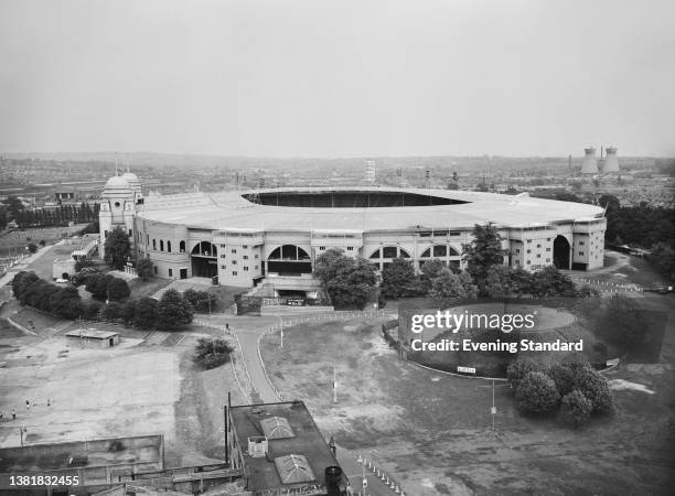 Wembley Stadium in London, UK, with the Twin Towers on the left, 18th June 1963. It opened in 1923 and closed in 2000.