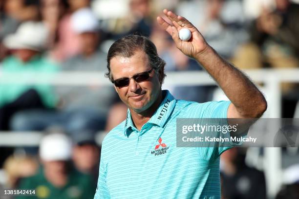 Retief Goosen of South Africa reacts after his putt on the 18th green during the final round of the Hoag Classic at Newport Beach Country Club on...