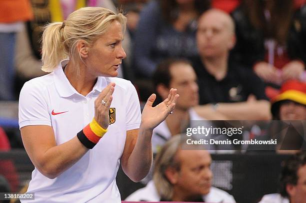 Barbara Rittner, teamcaptain of Germany reacts during day one of the Federation Cup 2012 match between Germany and Czech Republic at Porsche-Arena on...