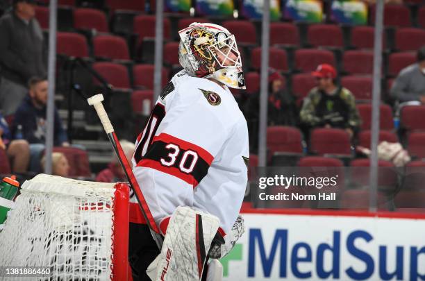 Matt Murray of the Ottawa Senators looks up ice during a stop in play against the Arizona Coyotes at Gila River Arena on March 05, 2022 in Glendale,...
