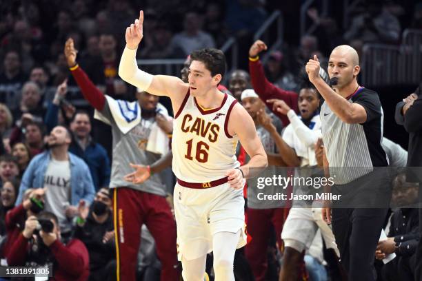 Cedi Osman of the Cleveland Cavaliers celebrates after scoring during the second quarter against the Toronto Raptors at Rocket Mortgage Fieldhouse on...