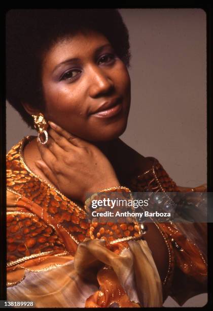 Portrait of American singer and musician Aretha Franklin, 1971.