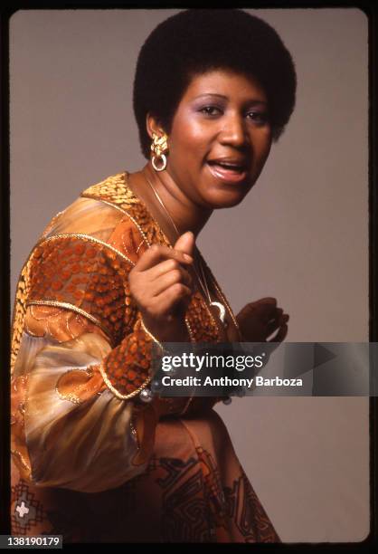 Portrait of American singer and musician Aretha Franklin, 1971.