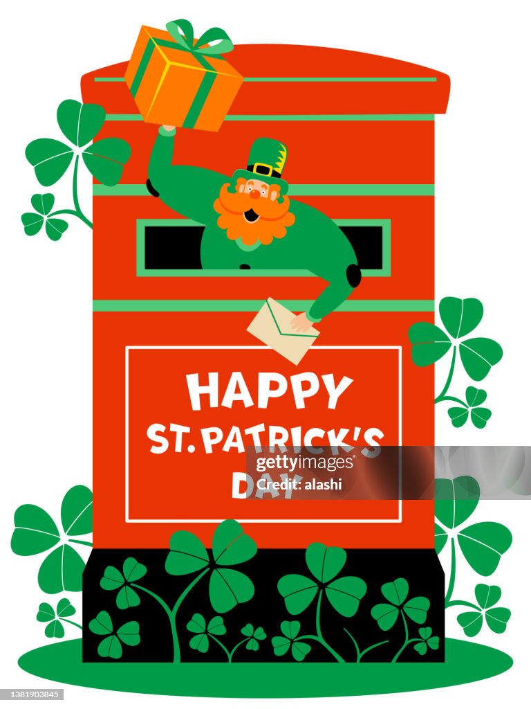 Le mystérieux lutin sortant d’une boîte aux lettres publique sur laquelle est écrit « Bonne Saint-Patrick » et tenant un courrier et une boîte cadeau