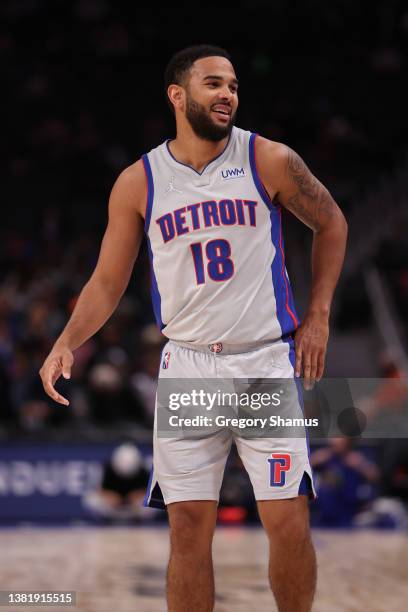 Cory Joseph of the Detroit Pistons plays against the Cleveland Cavaliers at Little Caesars Arena on February 24, 2022 in Detroit, Michigan. NOTE TO...