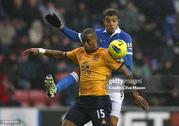 Sylvain Distin of Everton is challenged by Franco Di Santo of Wigan during the Barclays Premier League match between Wigan Athletic and Everton at DW...