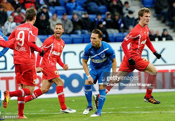 Sebastian Langkamp of Augsburg celebrates after scoring his teams second goal during the Bundesliga match between TSG 1899 Hoffenheim and FC Augsburg...