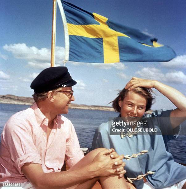 Photo taken 21 July 1958 in the Swedish archipelago waters of Swedish actress Ingrid Bergman together with Swedish movie and stage producer Lars...