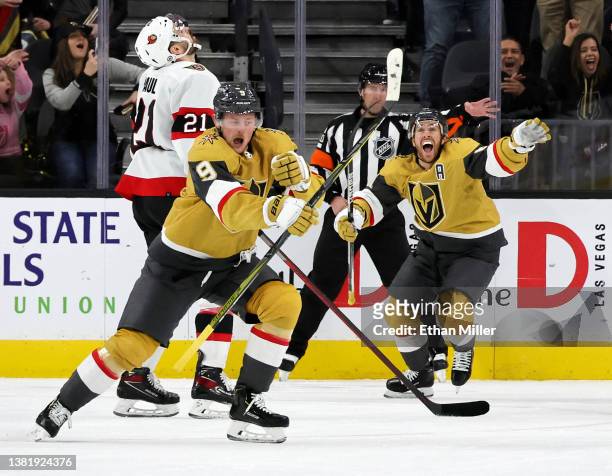 Nick Paul of the Ottawa Senators reacts as Jack Eichel and Jonathan Marchessault of the Vegas Golden Knights celebrate after Eichel scored a...
