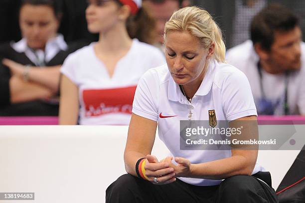 Barbara Rittner, teamcaptain of Germany, looks dejected during day one of the Federation Cup 2012 match between Germany and Czech Republic at...