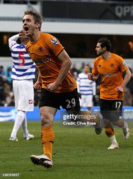 Kevin Doyle of Wolverhampton Wanderers celebrates scoring his side's second goal during the Barclays Premier League match between Queens Park Rangers...