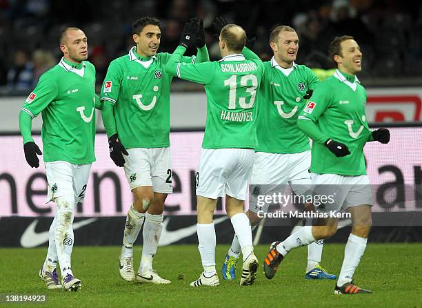 Mohammed Abdellaoue of Hannover jubilates with team mates after scoring the first goal during the Bundesliga match between Hertha BSC and Hannover 96...