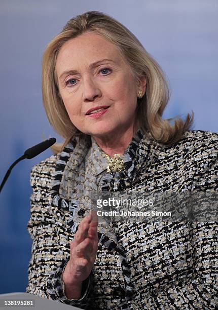 Hillary Rodham Clinton, US secretary of state addresses the media in response to the Syrian massacres of last night during day 2 of the 48th Munich...