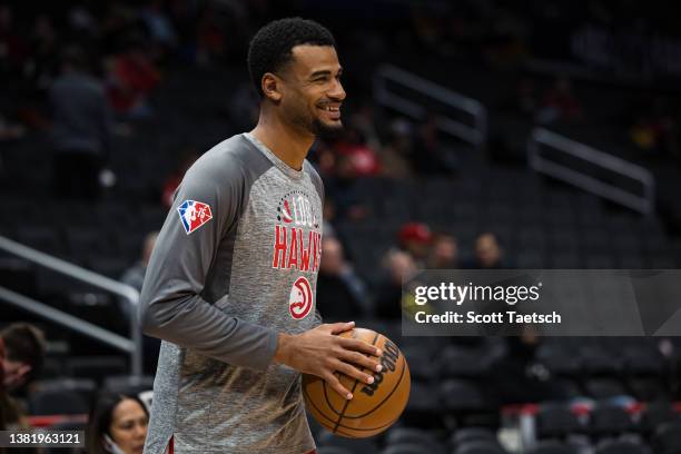 Timothe Luwawu-Cabarrot of the Atlanta Hawks warms up before the game against the Washington Wizards at Capital One Arena on March 4, 2022 in...