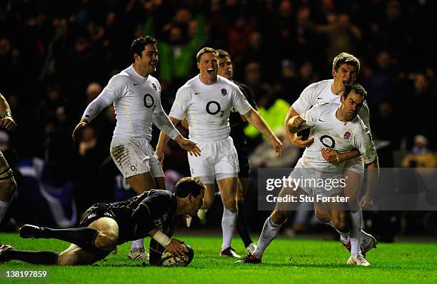 England player Charlie Hodgson celebrates his try during the RBS Six Nations game between Scotland and England at Murrayfield Stadium on February 4,...