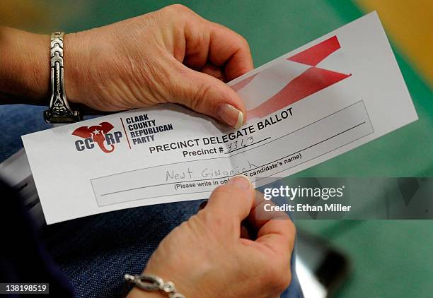 Precinct delegate ballot is counted for Republican presidential candidate, former Speaker of the House Newt Gingrich as voters caucus for the...