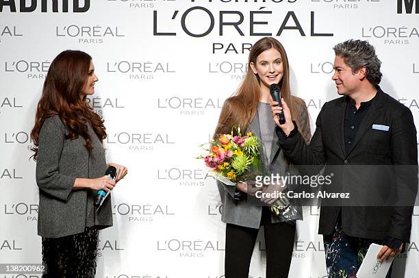 Spanish model Beatriz Saladich with actress Paz Vega and Boris Izaguirre at the L'Oreal Awards 2012 during Mercedes-Benz Fashion Week Madrid...