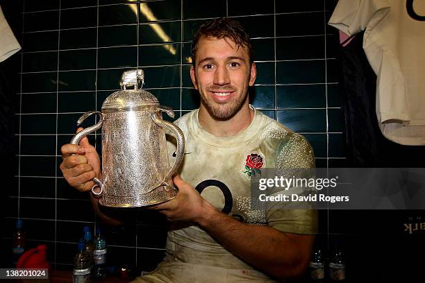 England Captain Chris Robshaw poses with the Calcuta Cup following his team's 13-6 victory during the RBS Six Nations match between Scotland and...