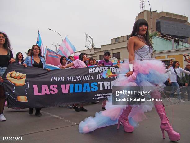 Group of transgender women marching when thousands of activists from the LGBT + community and sympathizers took to the Lima downtown streets to...