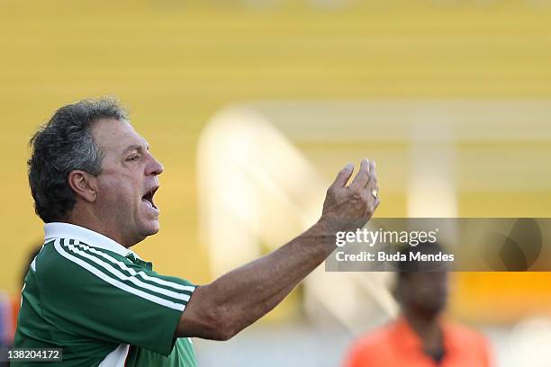 Coach Abel Braga of Fluminense reacts during a match between Fluminense v Duque de Caxias as part of the Guanabara Cup at Cidadania Stadium on...