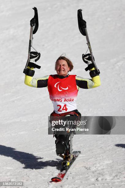 Anna-Lena Forster of Team Germany celebrates winning Gold in the Para Alpine Skiing Women's Super Combined Slalom Sitting at Yanqing National Alpine...