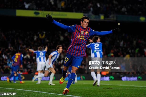 Cristian Tello of FC Barcelona celebrates after scoring a disallowed goal during the La Liga match between FC Barcelona and Real Sociedad de Futbol...