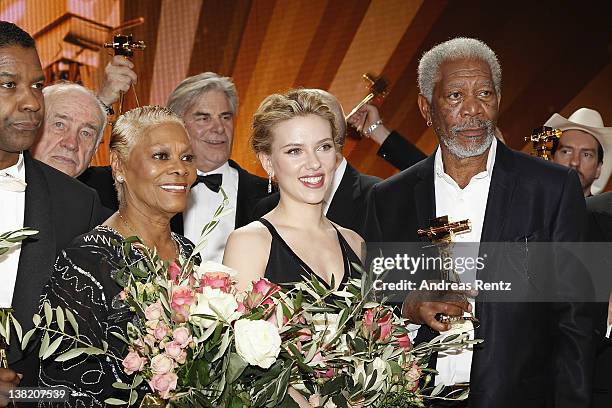 Denzel Washington,Dionne Warwick, Scarlett Johanssonand Morgan Freeman pose for a final picture at the 47th Golden Camera at the Axel Springer Haus...