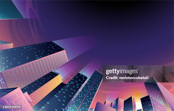 stockillustraties, clipart, cartoons en iconen met city evening - kikvors perspectief