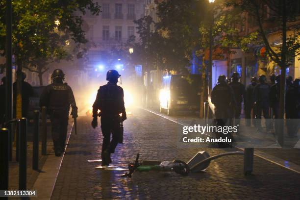 Police take security measures as people gather to protest against the death of 17-year-old Nahel, who was shot in the chest by police in Nanterre on...