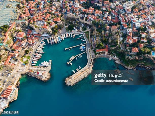 aerial view of antalya harbour (kaleici), antalya, turkey - antalya stock pictures, royalty-free photos & images
