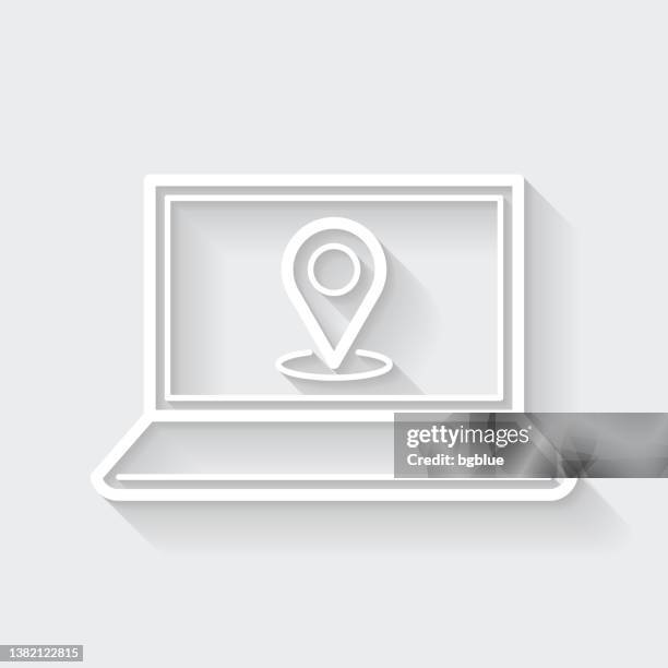laptop with location pin. icon with long shadow on blank background - flat design - laptop gpu stock illustrations