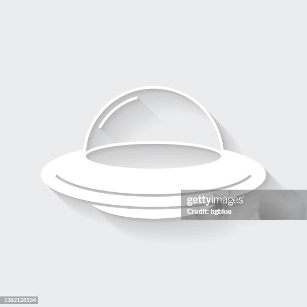 ufo - flying saucer. icon with long shadow on blank background - flat design - video visit stock illustrations