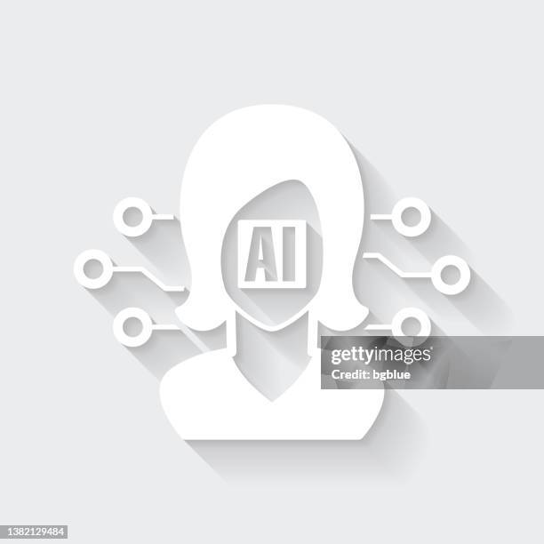 artificial intelligence ai with female face. icon with long shadow on blank background - flat design - female robot face stock illustrations
