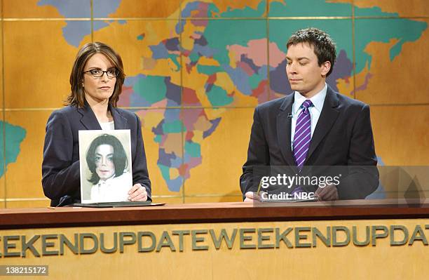 Episode 11 -- Aired -- Pictured: Tina Fey, Jimmy Fallon during "Weekend Update"