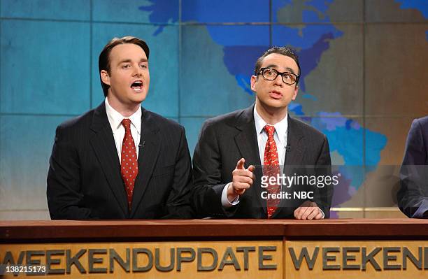 Episode 11 -- Aired -- Pictured: Will Forte as Patrick Kelly, Fred Armisen as Gunther Kelly during "Weekend Update"