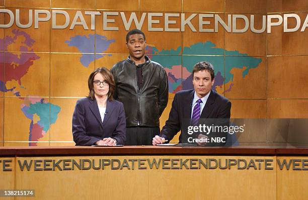 Episode 11 -- Aired -- Pictured: Tina Fey, Tracy Morgan as Joe Jackson, Jimmy Fallon during "Weekend Update"