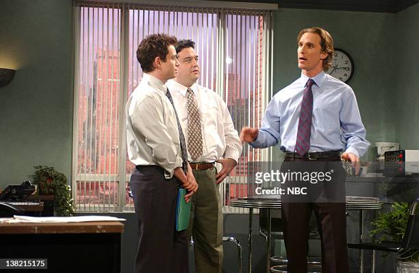Episode 11 -- Aired -- Pictured: Chris Kattan as Troy, Horatio Sanz as coworker, Matthew McConaughey as Dave during "Dave's Stories" skit